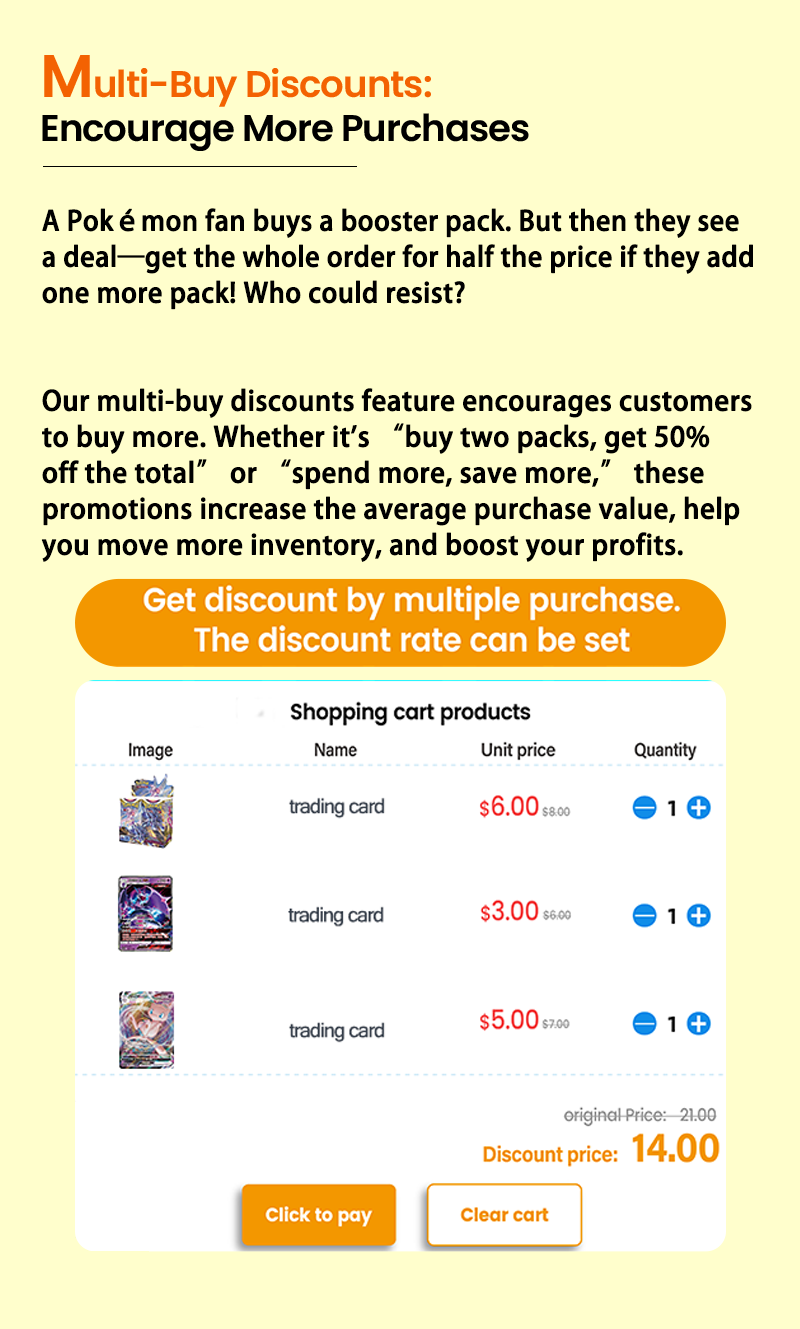 weimi pokemon center vending machine with discounts on multiple buys on products. retailers can set discounts independently in the backend to encourage customers to buy more