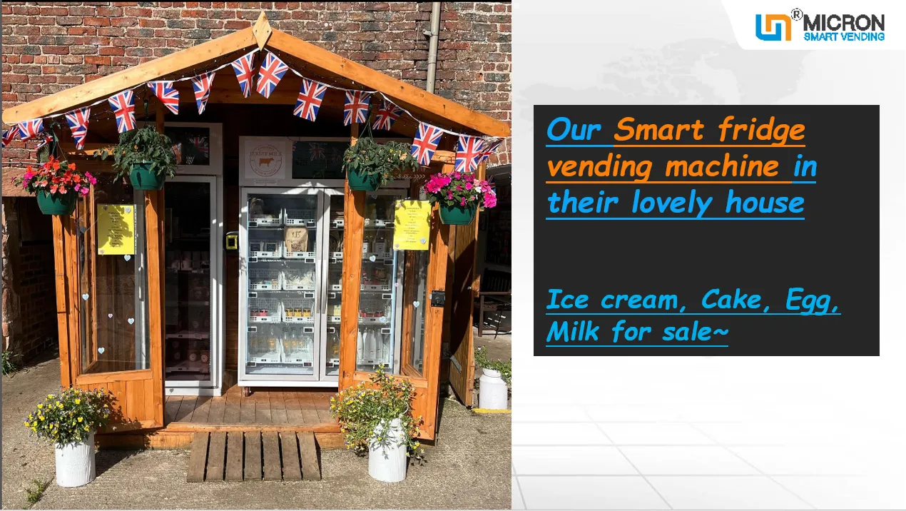 Ice cream vending machine in UK This grab n go smart fridge vending machine is suitable for most kinds of product like snack drink egg sandwich fruit vending machine and glass bottle drink like wine beer, it has cooling system to keep products fresh