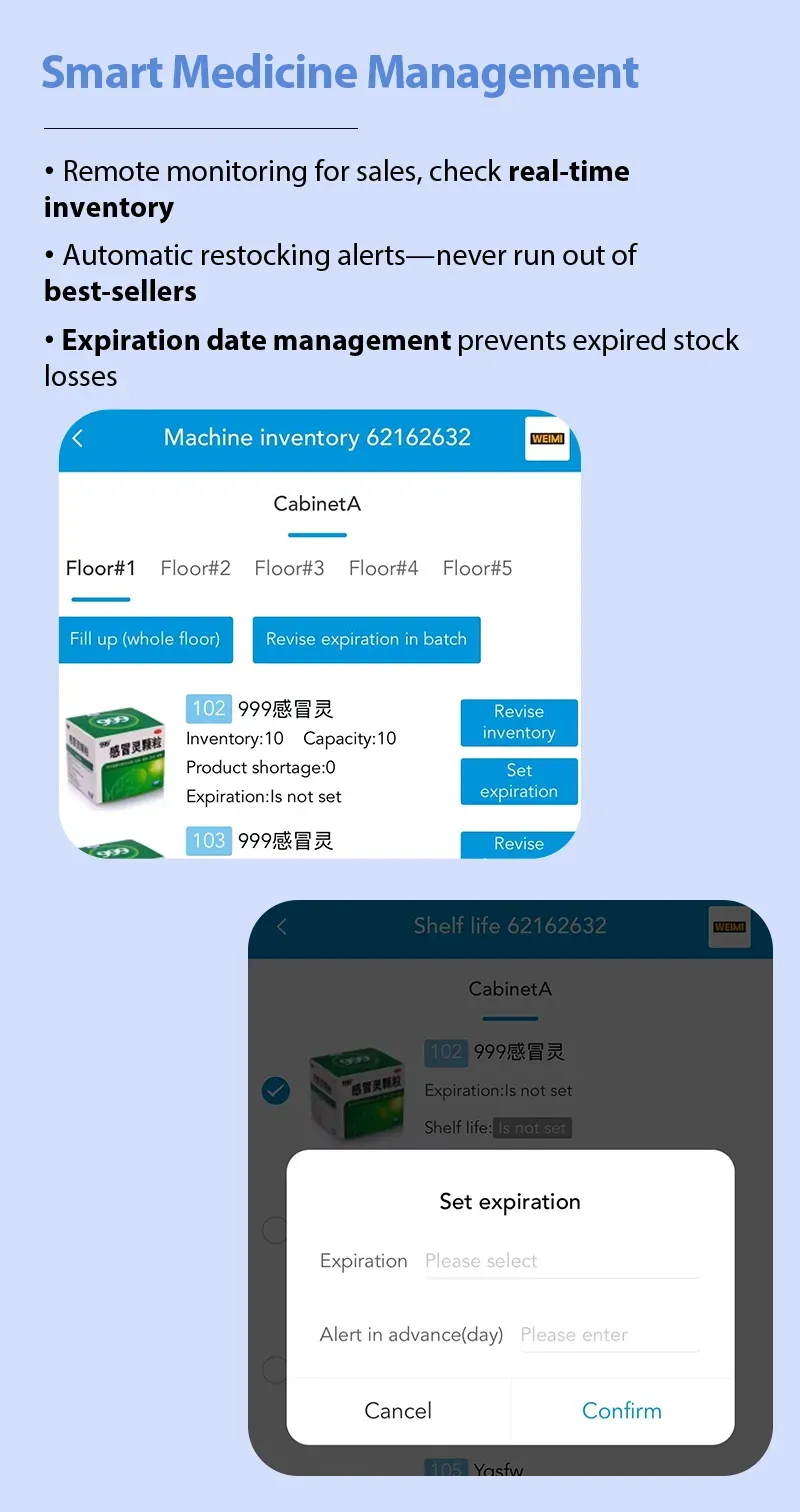 You can check the real-time inventory,sales data, meanwhile you can manage the expiration date on the backend system of the 24/7 Smart Pharmacy Vending Machine with Elevator Delivery