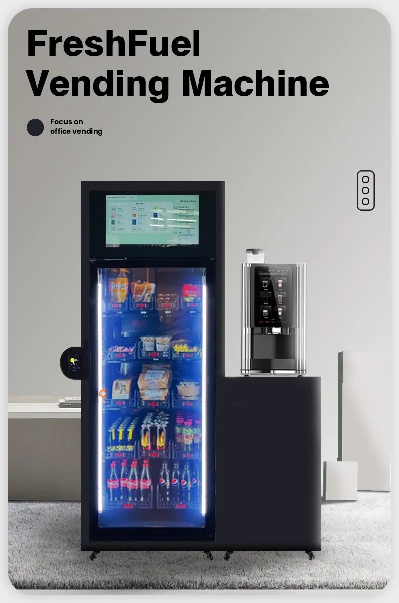 Micron fresh fuel vending machine for snack drink and hot/cold coffee vending machine in the office. smart fridge coffee vending machine.