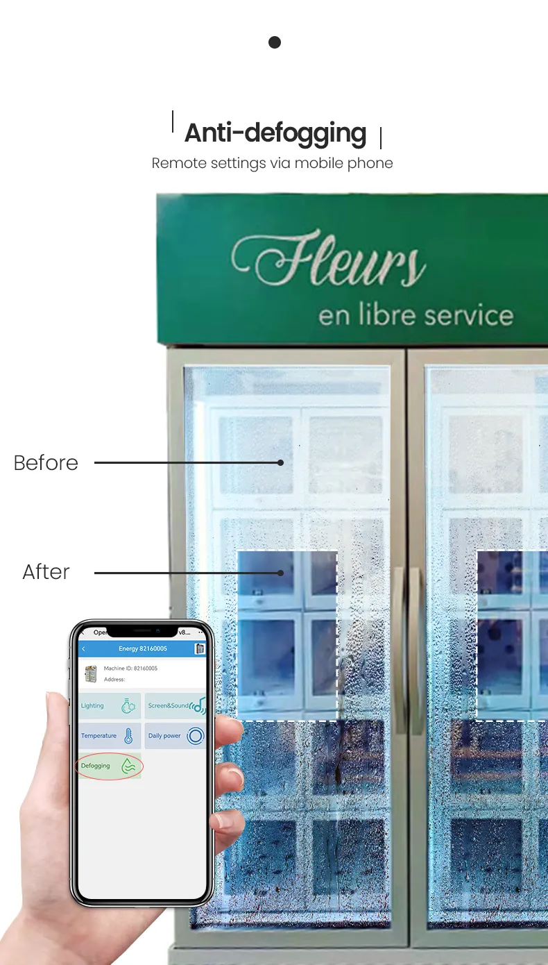 The double glazing front of the fresh flower vending machine has automatic defogging system