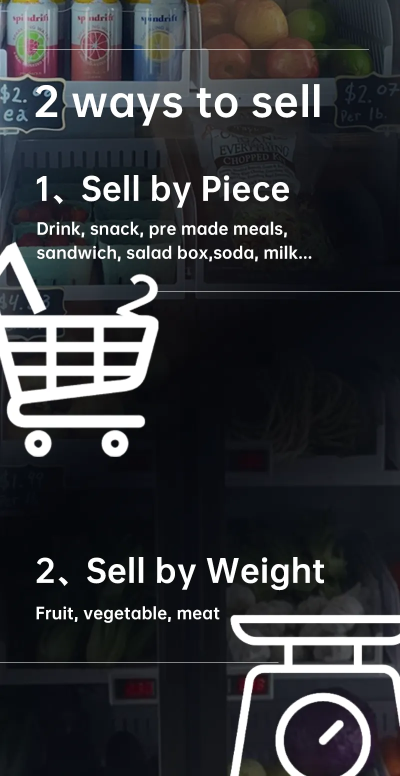 Micron smart fridge snack soda vending machine has 2 ways to sell. Sell by piece like snack drink pre meal. Sell by weight like fruit vegetable meat and other farm produce