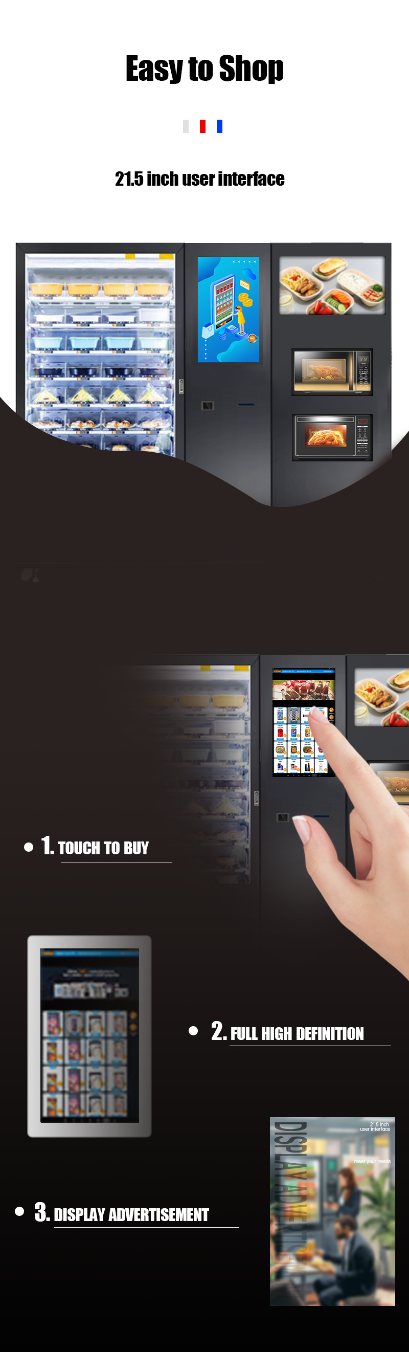 It's easy to buy meal food from micron smart hot food vending machine with microwave, customer can choose products on the 21.5 inch user interface. The screen can dispaly advertisement