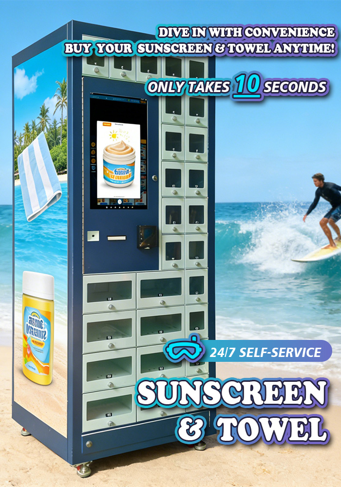 This locker vending machine suitable for selling sunscreen and towel.