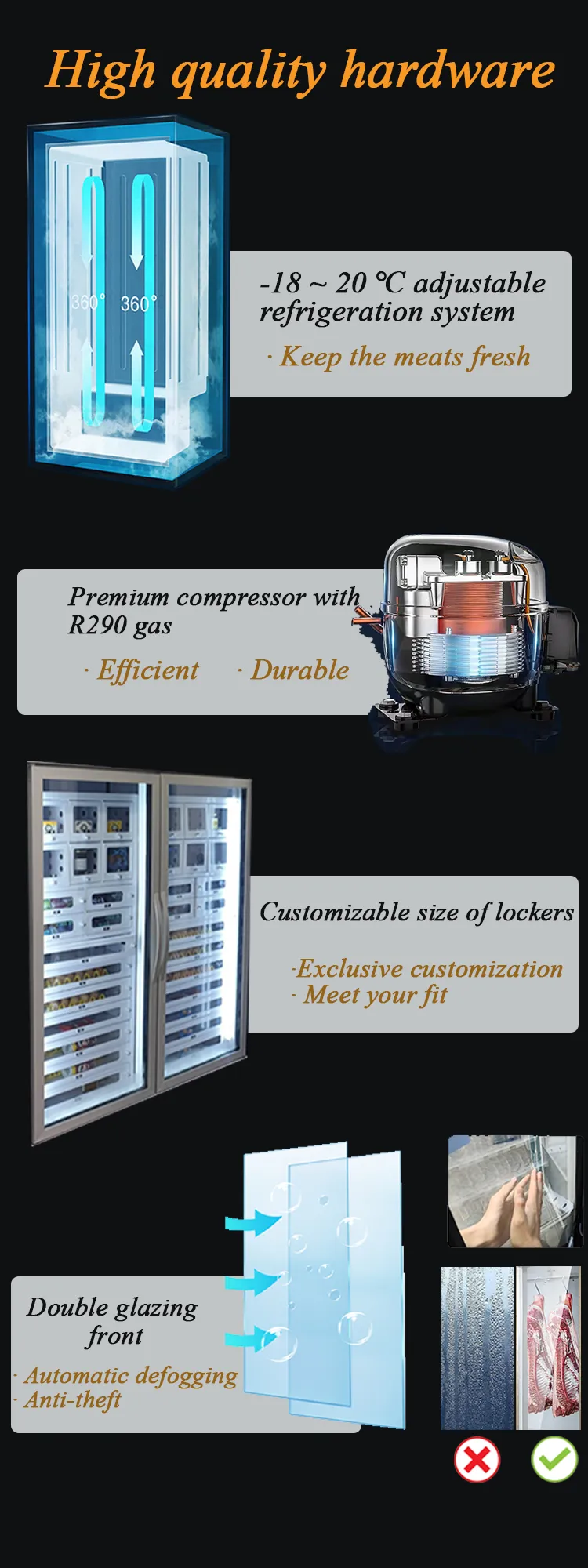 Micron smart oyster vending machine use high quality hardware, refrigeration system -18℃~20℃, double glazing front with automatic defogging and anti-theft.