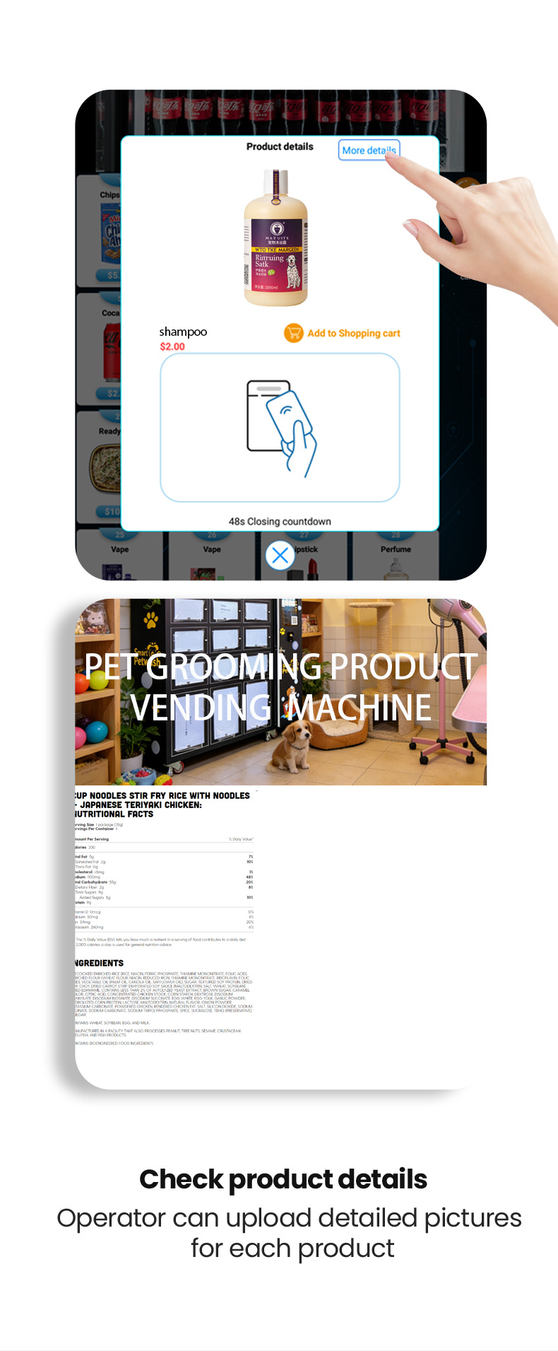 You can upload product detail on the backend system of this pet grooming product vending machine