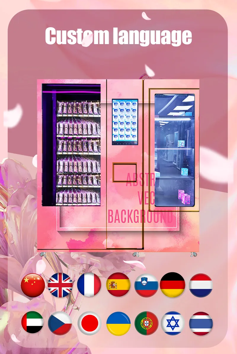 Micron beauty vending machine can custom multipe languages like English Chinese Germany France Hebrew Korean Japanese