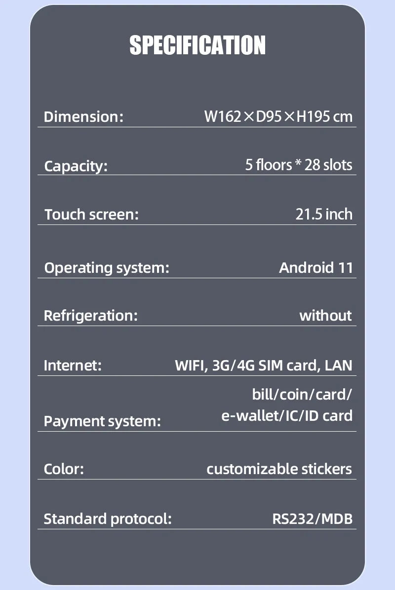 The specification of 24/7 Smart Pharmacy Vending Machine with Elevator Delivery