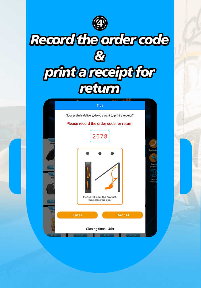 record the order code and print a receipt for return