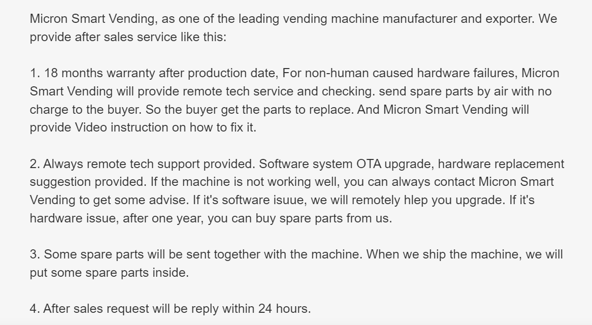 Micron smart vending offers comprehensive after-sales service for our phone accessories vending machines, including an 18-month warranty, remote tech support, ota software upgrades, and spare parts included with the machine, ensuring reliable and continuous operation.