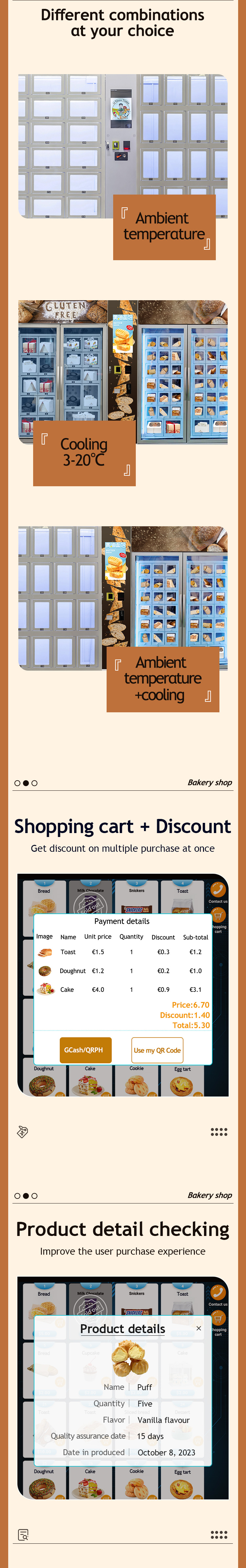 Micron smart bread cake vending machine, operator can control energy from mobile phone/PC. The machine will send email when there are some errors. especially designed for fragile products as bread, cake, glass bottle drink and flower. With smart management system, you can start your business very easy and quickly.