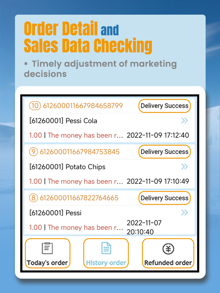 ice cream vending machine order detail and sales data checking