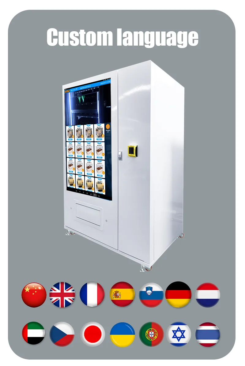 Vending machine with 55 inch touch screen, customer can use shopping cart and check product detail. Micron gym vending machine is specifically designed for fitness enthusiasts, featuring 55-inch touch screen display and the ability to sell cold, refreshing energy drinks.