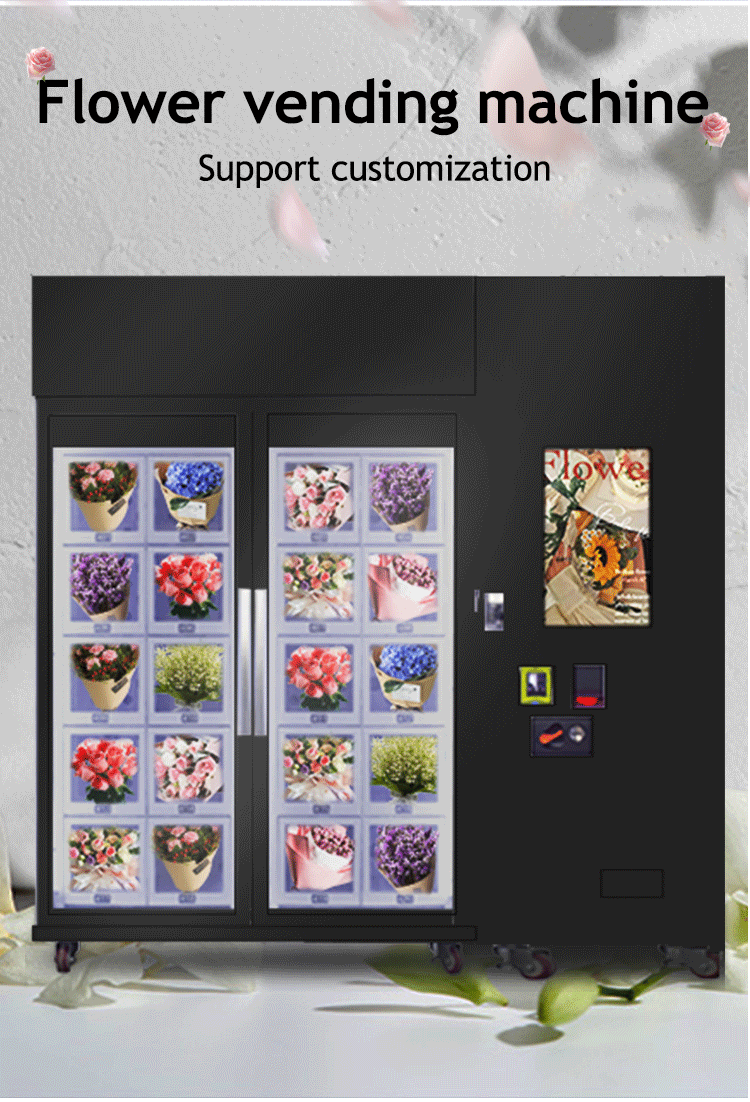 Buying flow from the flower vending machine, select the flower you like from the touch screen, pay by credit card, the locker door will open, then customer can take the flower out