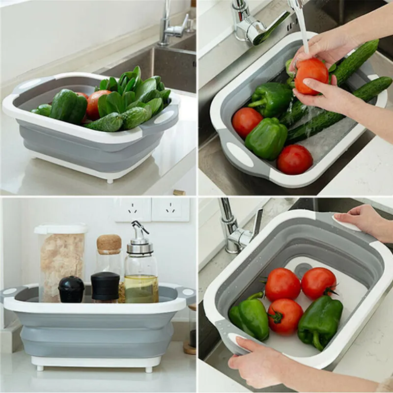 3-in-1 Collapsible Foldable Kitchen Silicone Cutting Chopping Board With Dish Tub