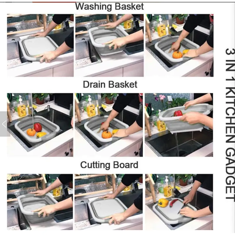 3-in-1 Collapsible Foldable Kitchen Silicone Cutting Chopping Board With Dish Tub