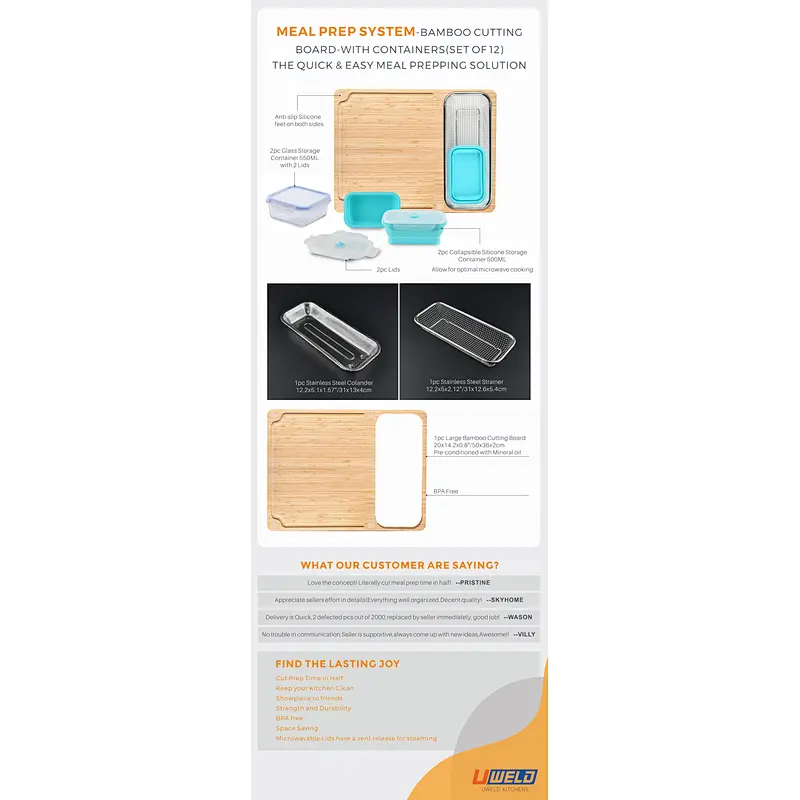 Meal Prep System-bamboo cutting board with containers Set of 11