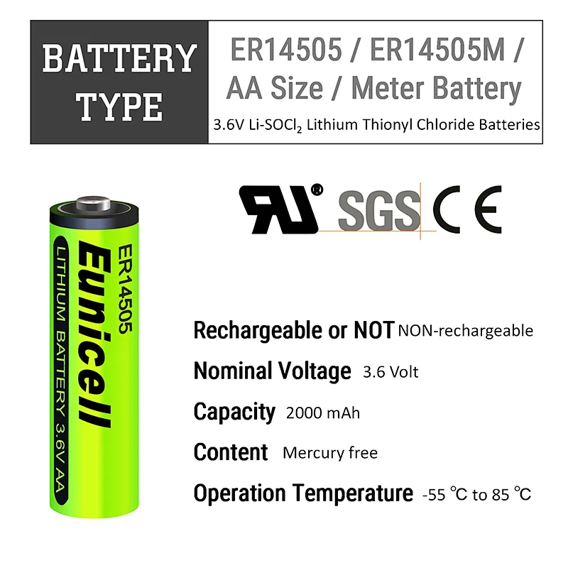Eunicell LiSOCl2 Non-rechargeable er14505h lithium ion battery ER14505 3.6V 2400mAh aa battery