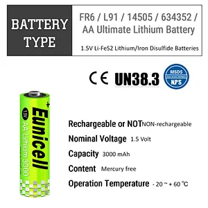 aa lifes2 1.5v lithium battery 2900mah Eunicell battery with high quality
