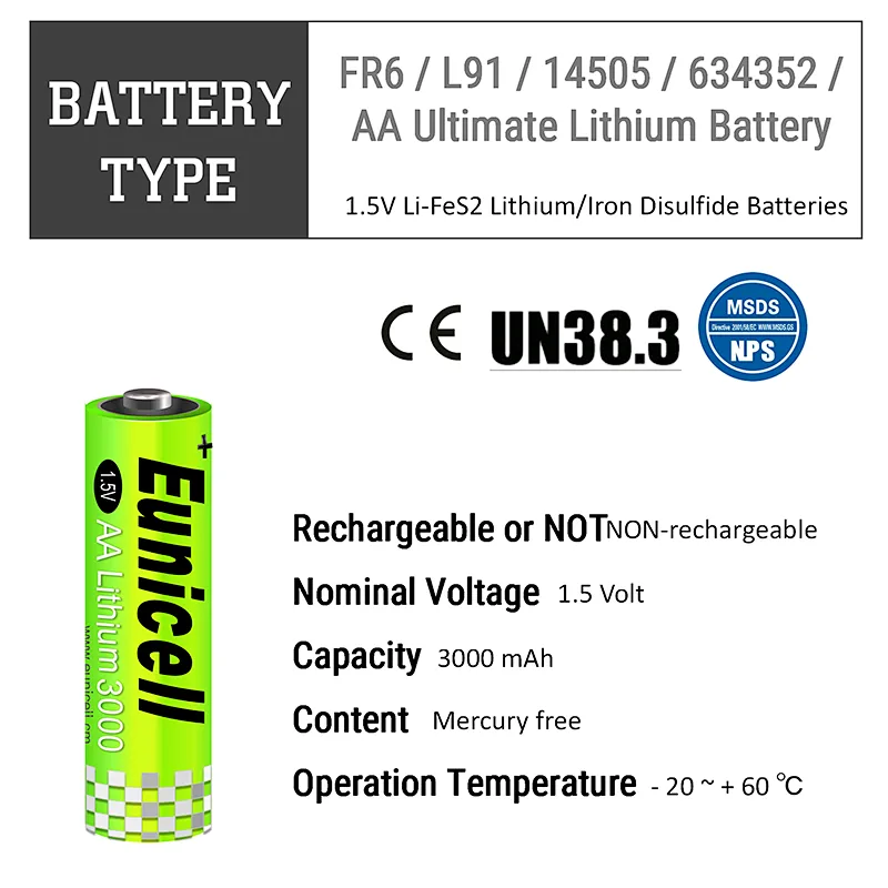 aa lifes2 1.5v lithium battery 2900mah Eunicell battery with high quality