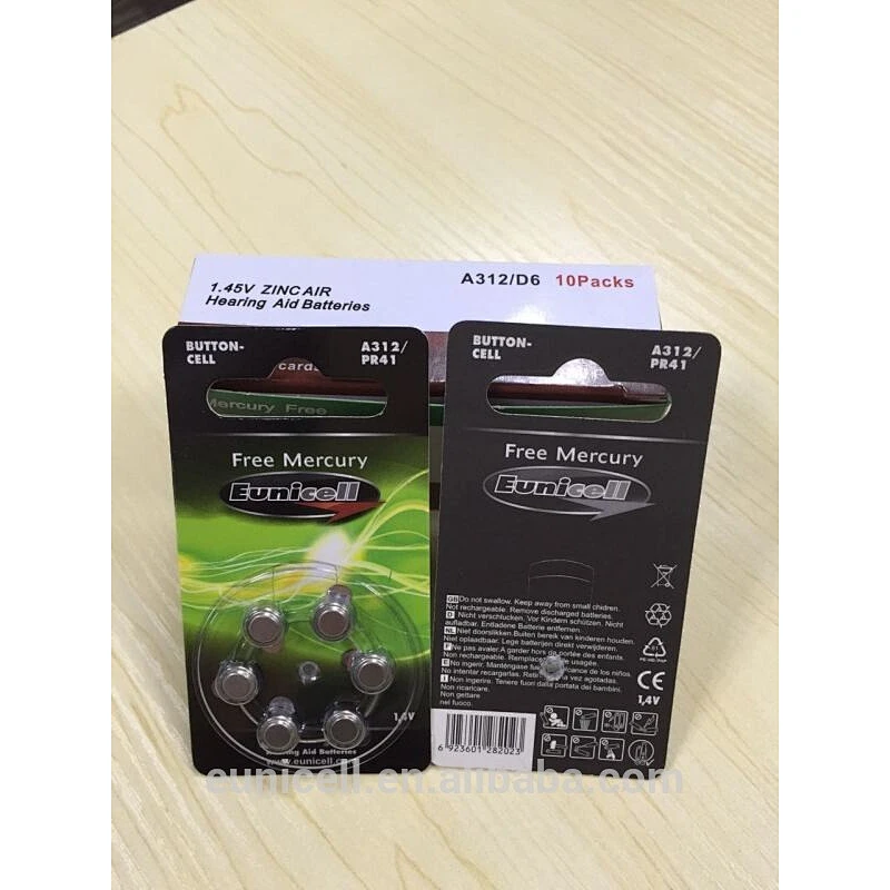 0% hg pb Zinc air Hearing Aid Battery 1.4V A312 PR41/Eunicell
