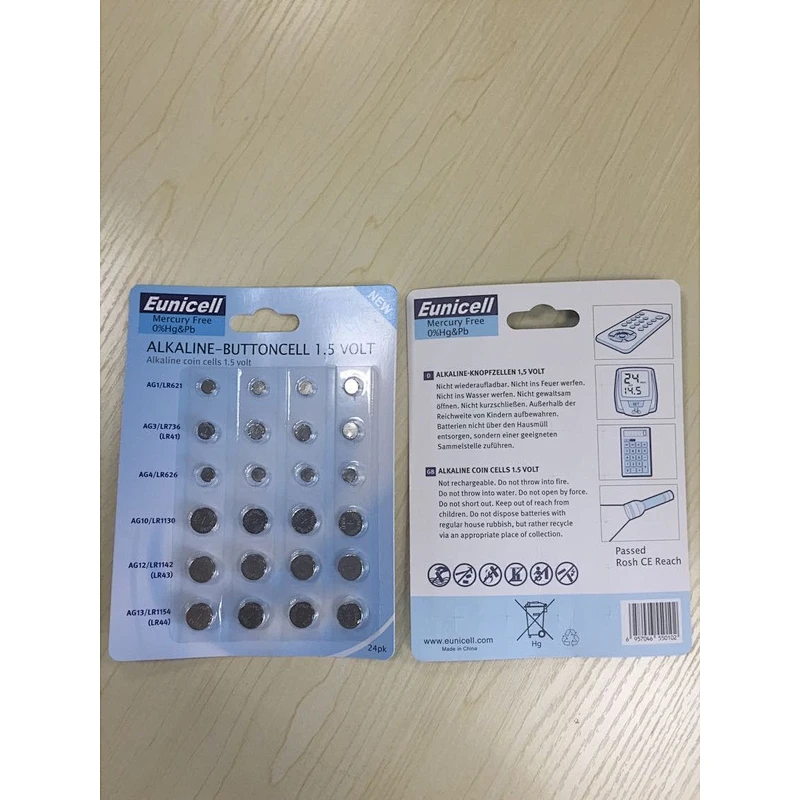 AG button cell battery pack, 24/packs AG1.AG3.AG4.AG10.AG12.AG13 Eunicell alkaline battery