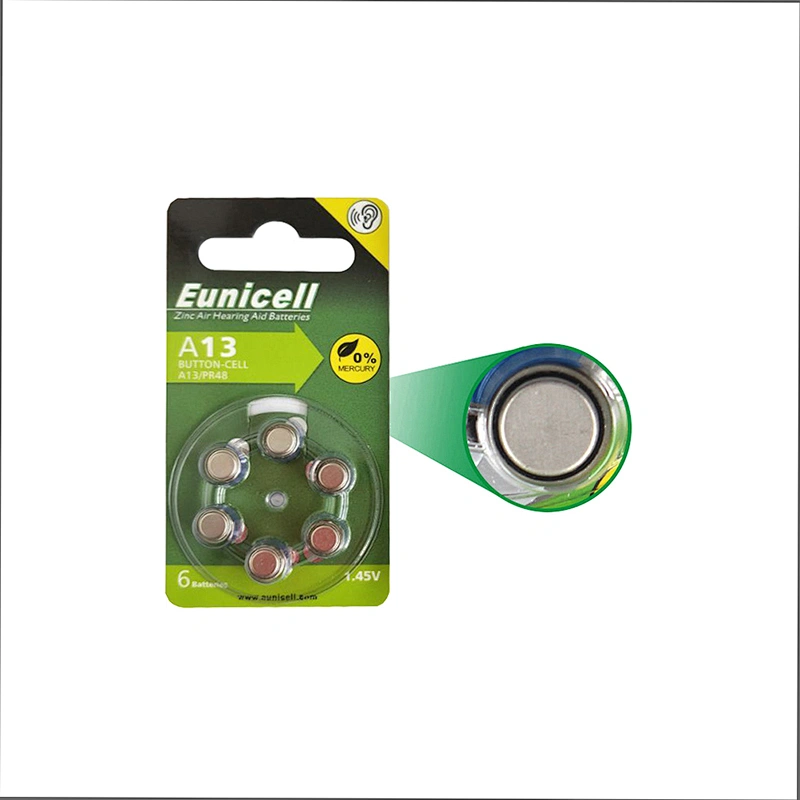 Long discharge Zinc Air battery 1.4v A13 A312 A10 A675 hearing aid product Eunicell