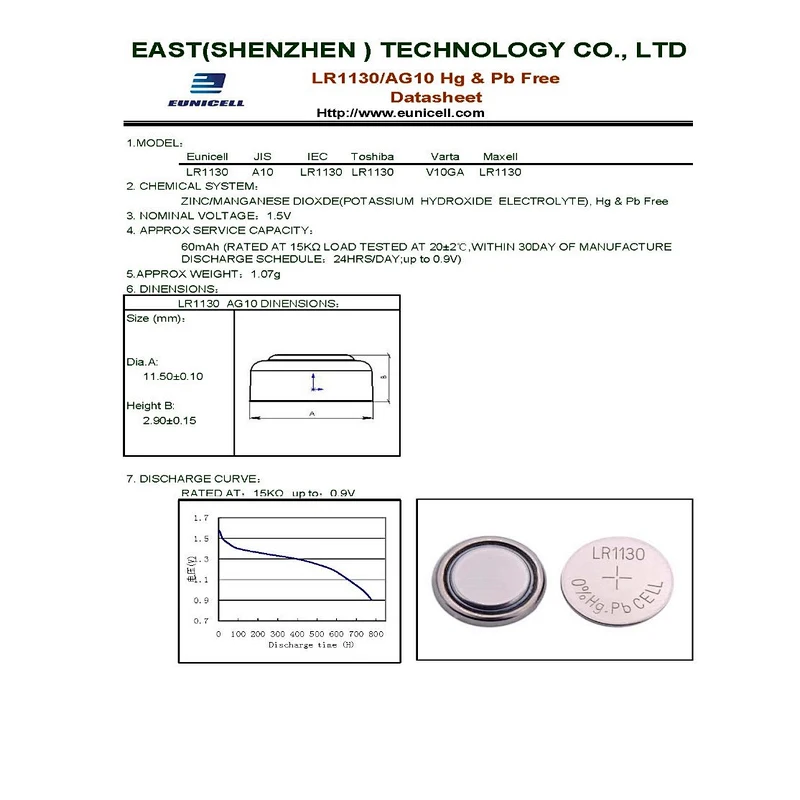 Button cell AG10 LR1130 battery equivalent non rechargeable ag10