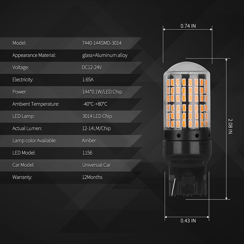 7440-144SMD-3014 12-24V Amber Color 7440 Canbus led No error Turning Light