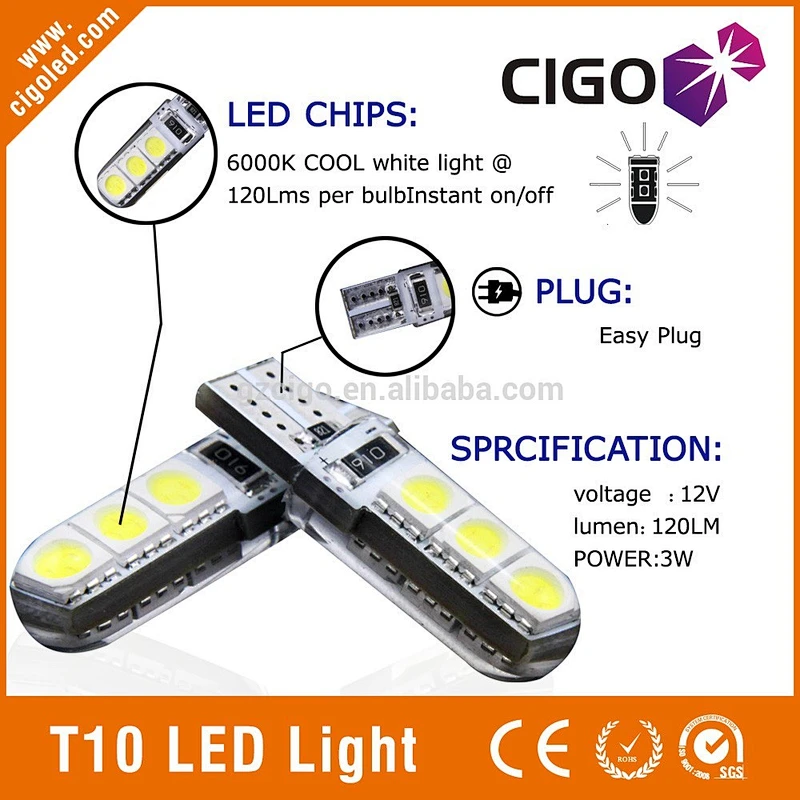 2016 High quality Wholesale 6Smd 5050 T10 LED 3W 12V led canbus W5W 194 168 Silica Gel T10 LED