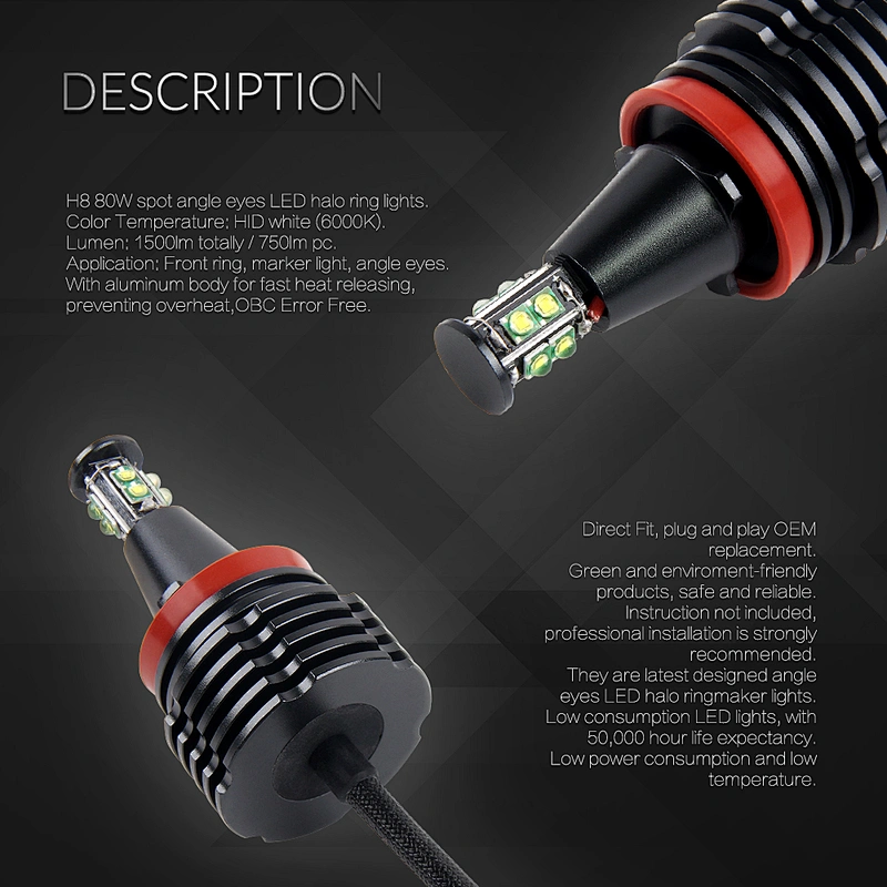 Big size H8 80W factory sale angel eyes headlights