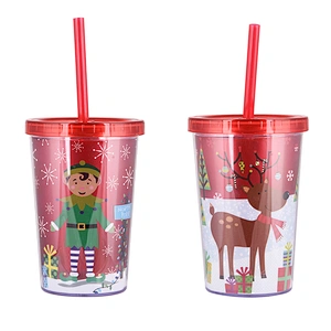 380ML Christmas Cups Double Wall 12oz Plastic straw water bottle with lid