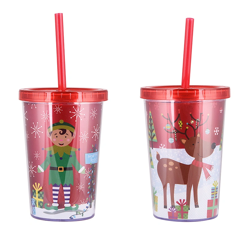 380ML Christmas Cups Double Wall 12oz Plastic straw water bottle with lid