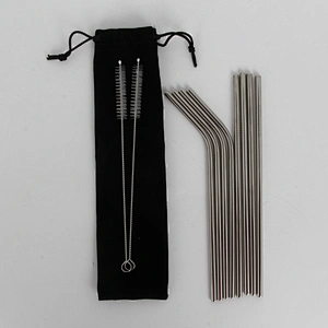 Reusable metal bubble tea milkshake silver straight bend stainless steel  straw set