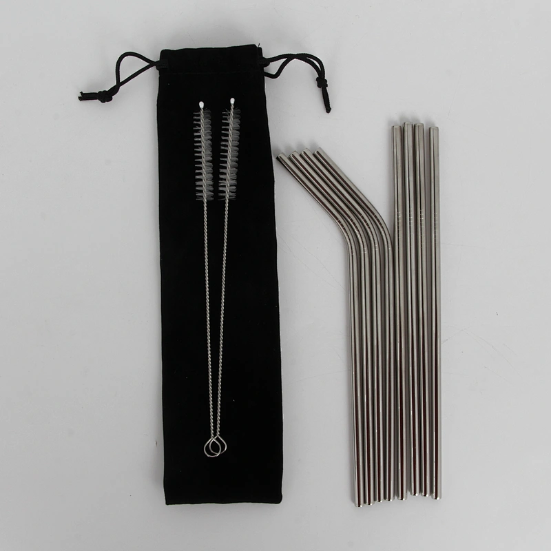 Reusable metal bubble tea milkshake silver straight bend stainless steel  straw set