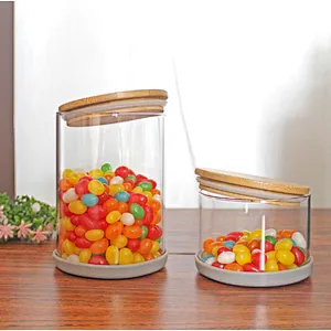 Union Source spice metal container food high borosilicate kitchen glass storage jar with airtight wood lids