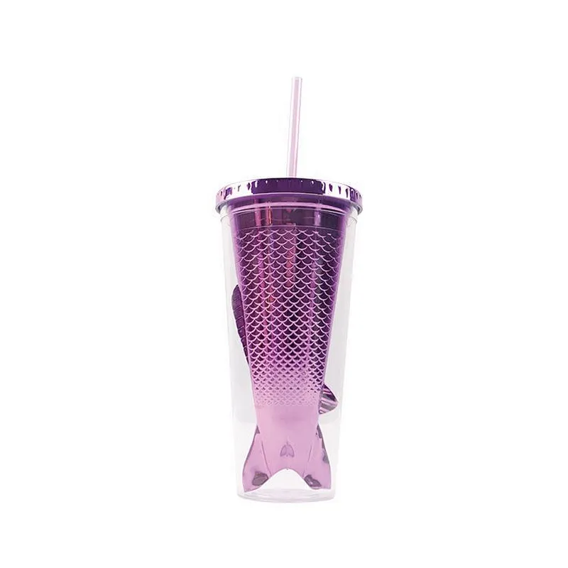 Chinese production BPA Free 16OZ cartoon Fish Tail Shape Double wall tumbler with metallic coating