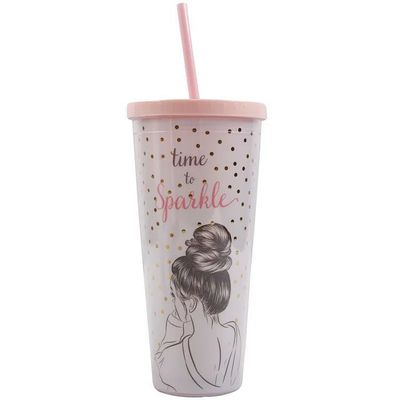 Union Source Double Wall Custom Print Reusable Clear Coffee Drink Plastic Cup with Straw