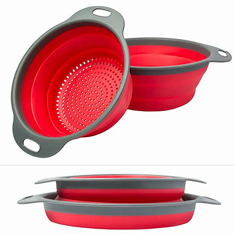 Union Source Food Grade Silicone 2pcs Collapsible Colander Strainers Set with Grip Handles