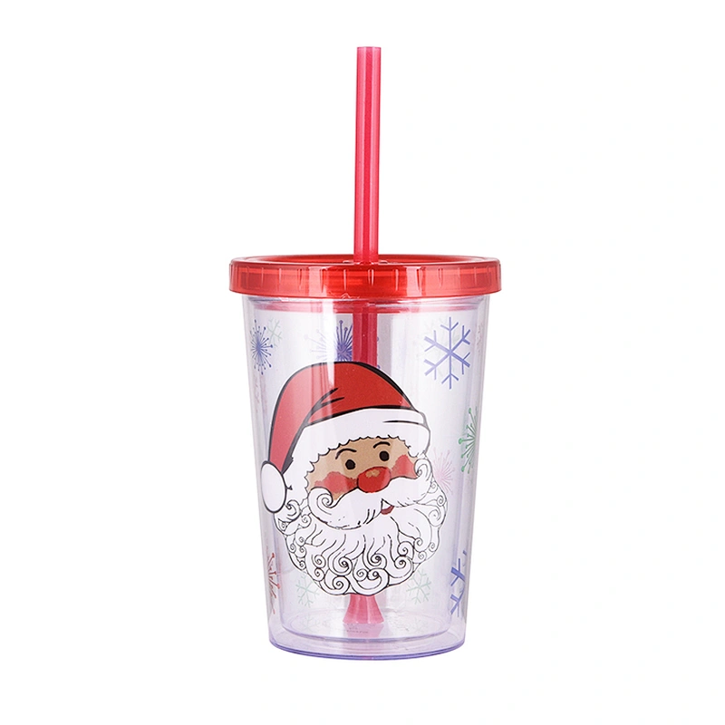 380ML Christmas Cups Double Wall 12oz Plastic straw water bottle with lid