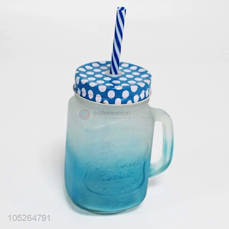 Wholesale Fashion Transparent Gradient Color Blue Glass Mug Cup With Lids And Straws