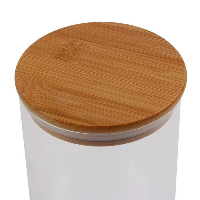 Union Source spice metal container food high borosilicate kitchen glass storage jar with airtight wood lids