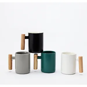 Unionsource Creatively New Designed Coffee Ceramic Mug With Wood Handle And Lid