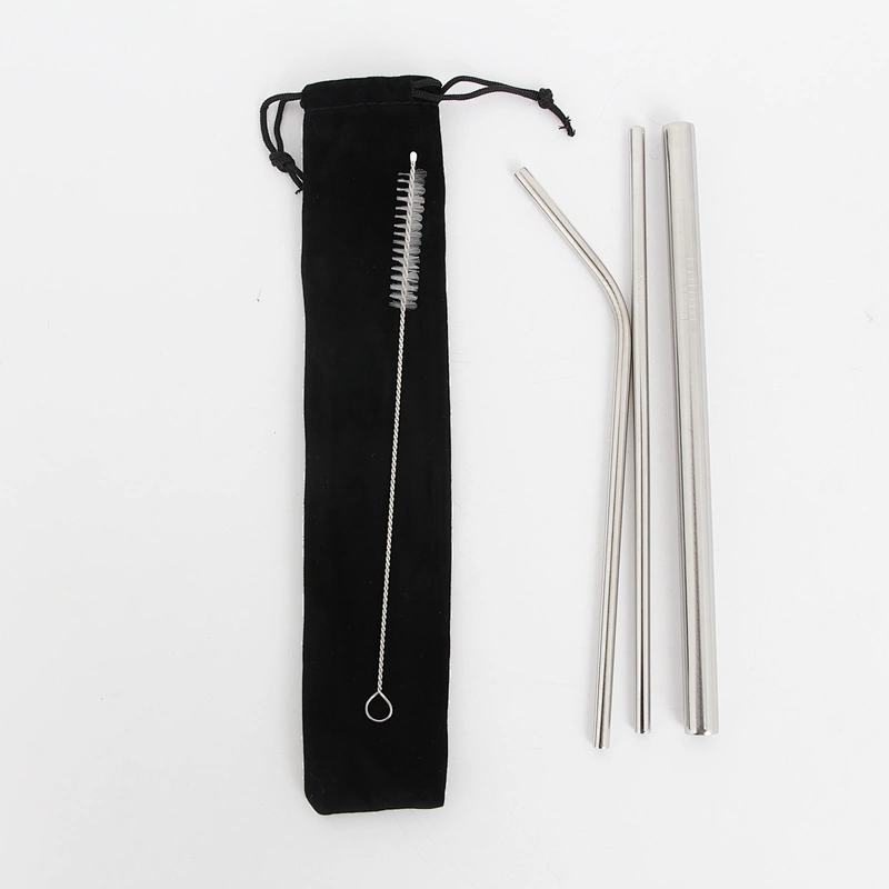 Hot Sale Reusable Food Grade  Bar Accessories Silver Stainless Steel Drinking Metal Straw Set