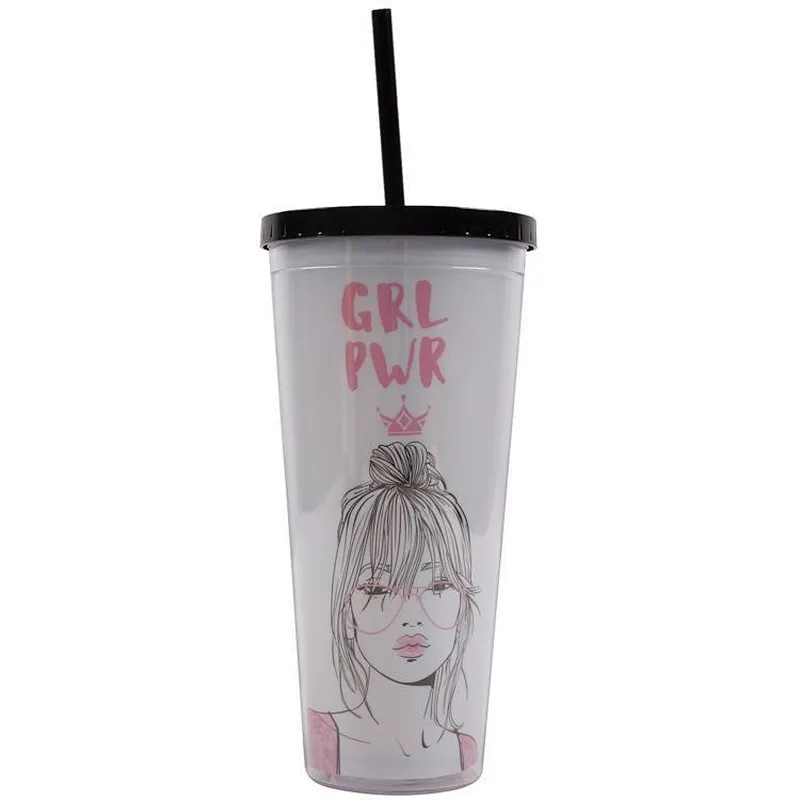 Union Source Double Wall Custom Print Reusable Clear Coffee Drink Plastic Cup with Straw