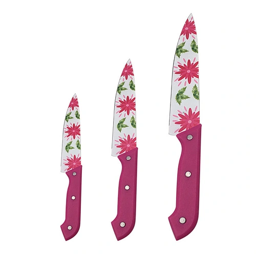 3 Piece printing flower blade stainless steel kitchen knife set with plastic Handle