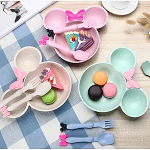 Russia Market Minnie Mouse Shape Baby Plates Sets Bamboo/Kids Dinner Plate Set With Fork And spoon