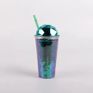 Eco-Friendly 450ML Reusable Portable double wall plastic Ice Cream tumblers cup With Straw And Lid