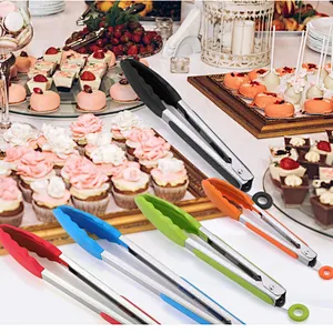 wholesale food grade non-stick high temperature resistance silicone tips BBQ kitchen food tongs