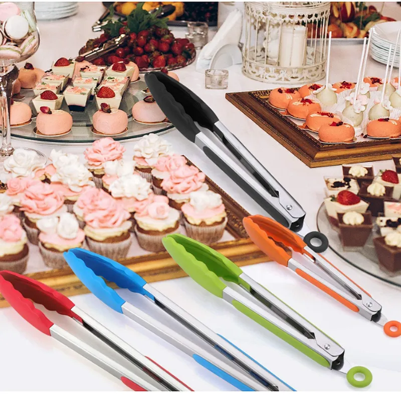 wholesale food grade non-stick high temperature resistance silicone tips BBQ kitchen food tongs